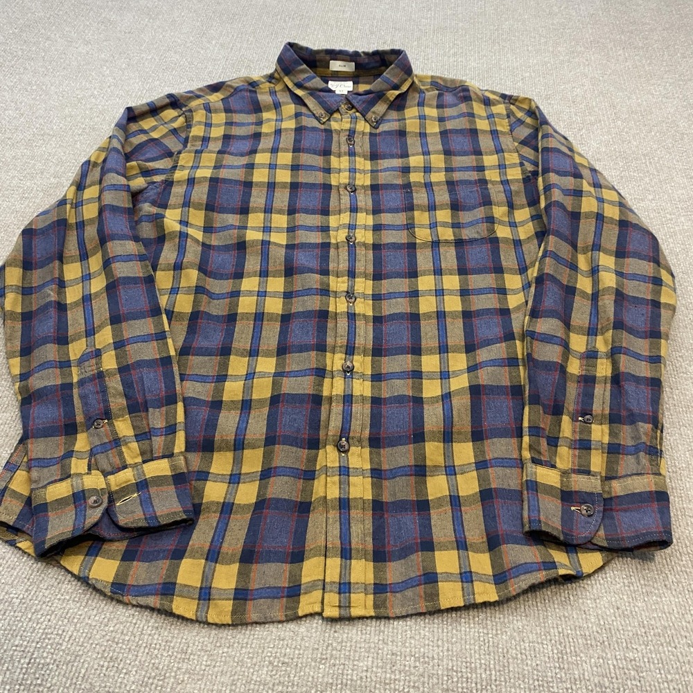 J Crew Shirt Mens XL Yellow Plaid Brushed Twill Long Sleeve Button Down Casual